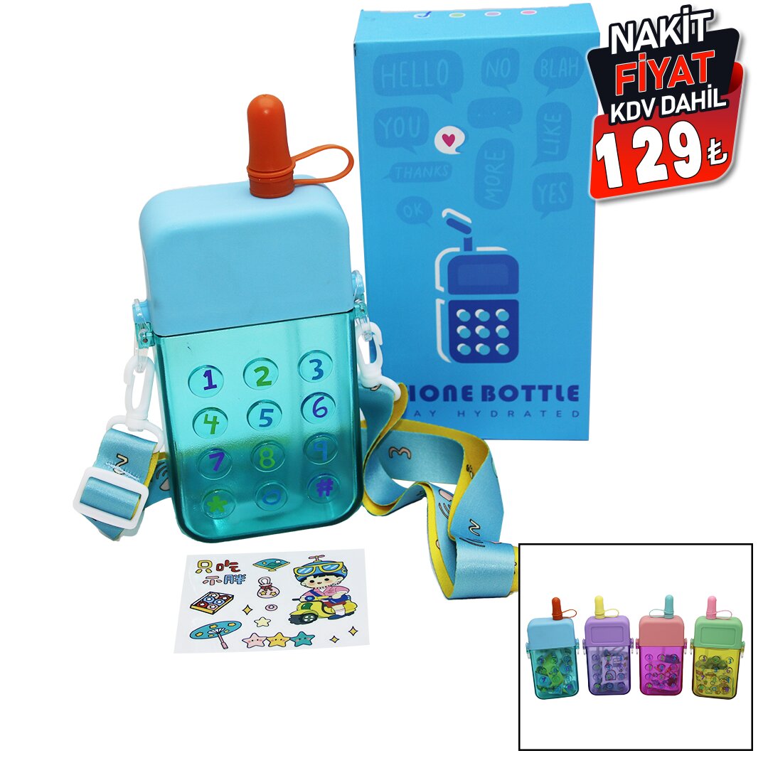 TELEFON MODELİ RENKLİ MİKA KRİSTAL SULUK MATARA PİPETLİ - VİDALI KAPAK - ASKILI 300ML (5271)