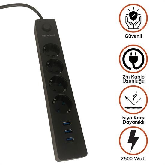 Termak Akım Korumalı 4 Priz 3 USB Girişli Uzatma Kablosu Güç ve Şarj SİYAH RENK GÖNDERİLİR (5271)