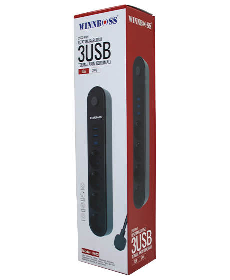 TERMAL AKIM KORUMALI 4LÜ PRİZ 3XUSB 2MT ANAHTARLI UZATMA KABLO SİYAH 10A - 2500W (5271)