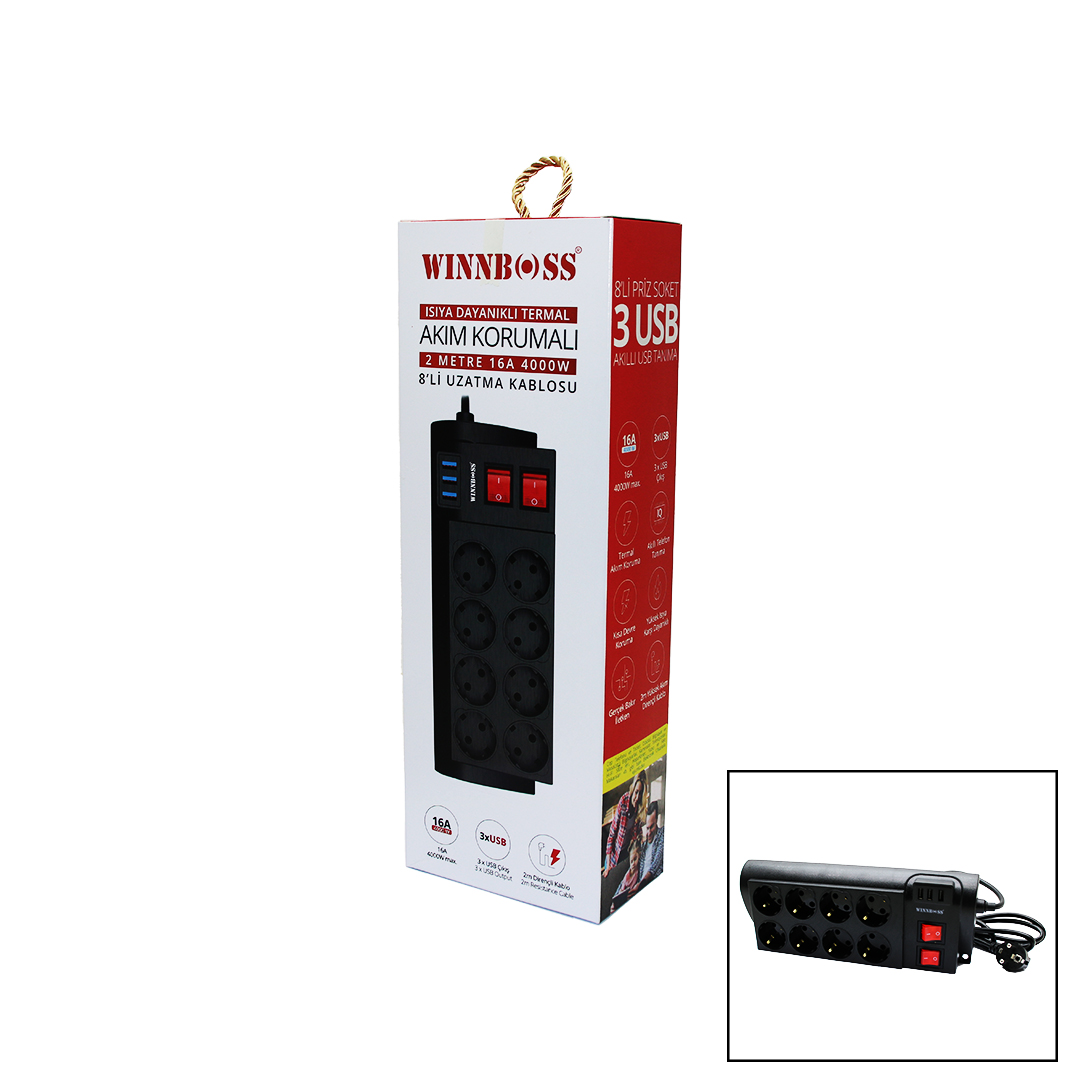 TERMAL AKIM KORUMALI 16A 8Lİ PRİZ 3XUSB 2MT ANAHTARLI UZATMA KABLO SİYAH (5271)