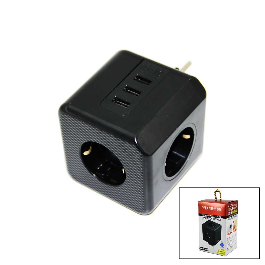 TERMAL AKIM KORUMALI  3X PRİZ 3X USB DUVAR TİPİ PRİZ SİYAH 10A - 2500W (5271)