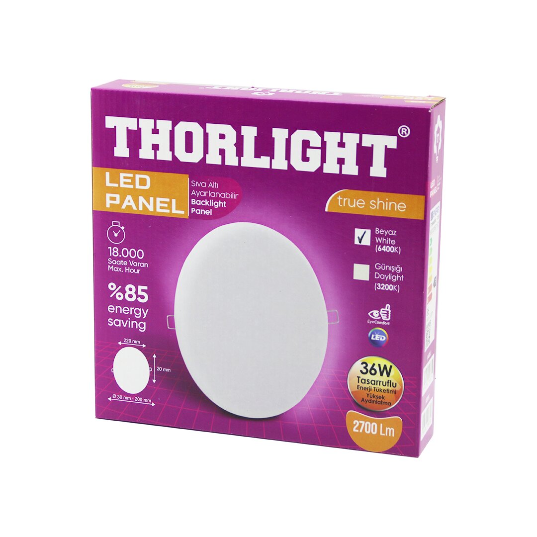 THORLIGHT S-236 36W 22CM BEYAZ LED PANEL SIVA ALTI AYARLI MANDALLI 6400K - 2700LM - 18000 SAAT - 2835 SMD (5271)