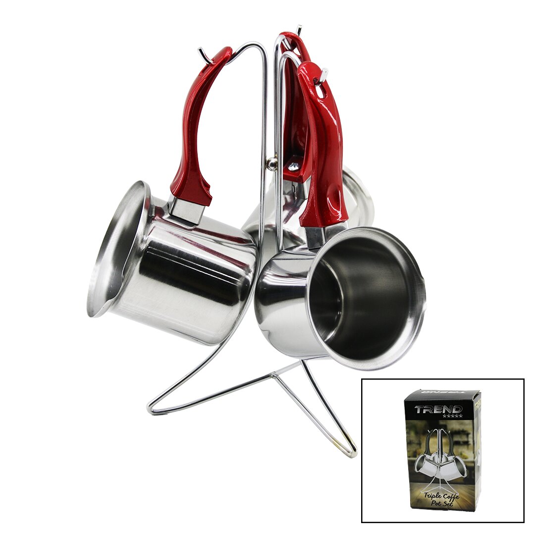 TREND  3LÜ SET   NO-3-4-5  ÇELİK CEZVE  METAL STANDLI   RENKLİ PLASTİK KULPLU (5271)