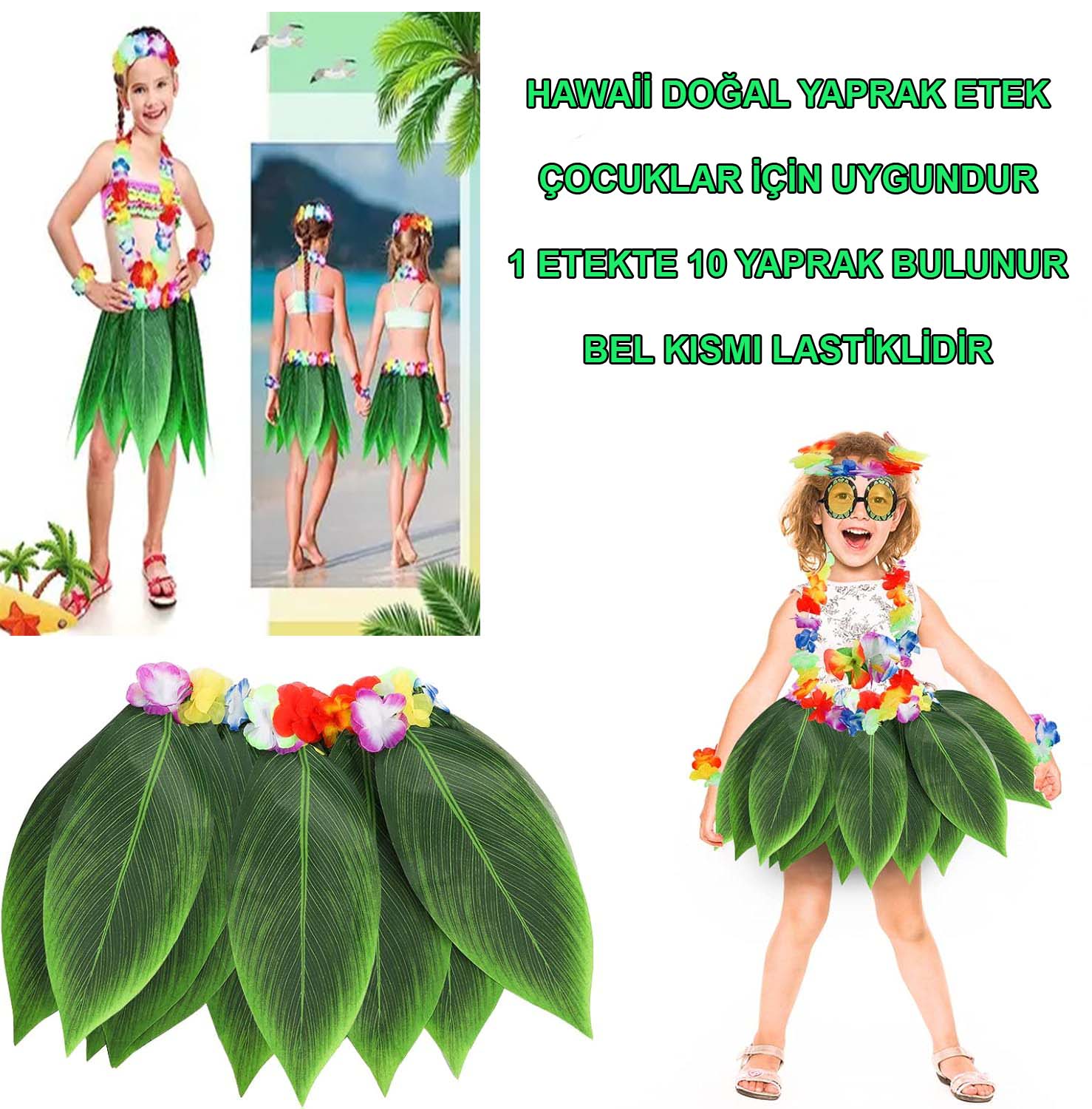 Tropikal Esintili Hawaii Yapraklı Parti Eteği Çocuk Boy (5271)