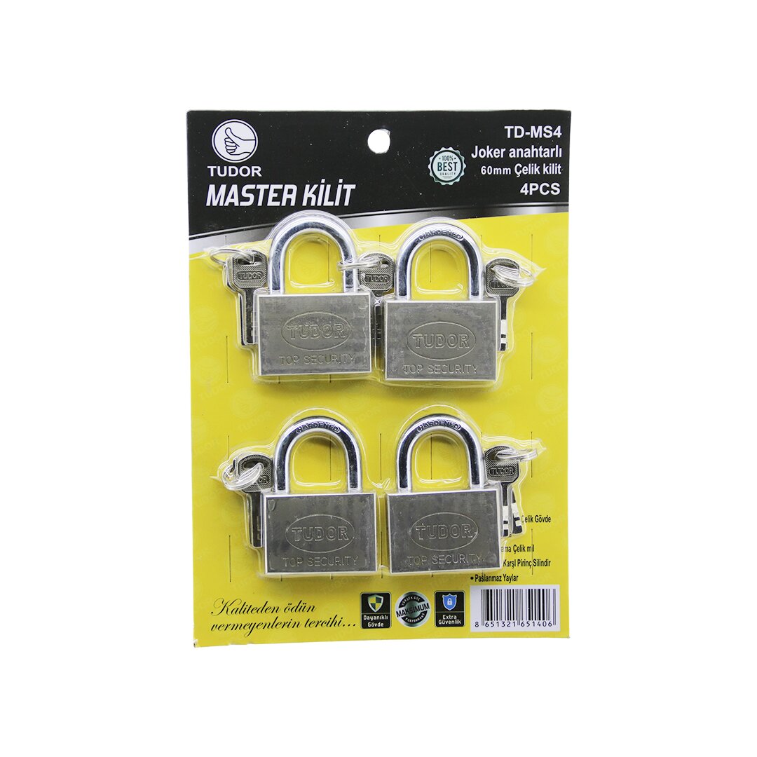 TUDOR TD-MS4 MASTER 4PCS JOKER ANAHTARLI=TEK ANAHTARLA 4 KİLİT AÇ  60MM - GRİ KISA KANCALI ÇELİK ASMA KİLİT (5271)