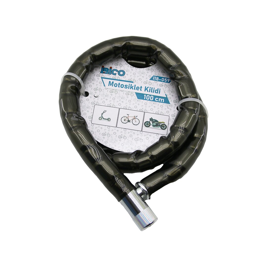 TÜP ANAHTARLI METAL KAFA ÇELİK MOTOR - BİSİKLET KİLİT SİLİNDİRİK SPİRAL KİLİT SİYAH KILIF 22MM X 100CM (5271)