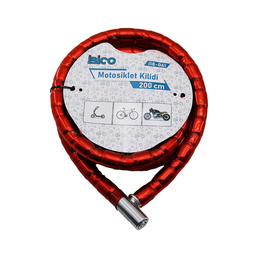 TÜP ANAHTARLI METAL KAFA ÇELİK MOTOR - BİSİKLET KİLİT SİLİNDİRİK SPİRAL KİLİT KIRMIZI KILIF22MM X 200CM (5271)