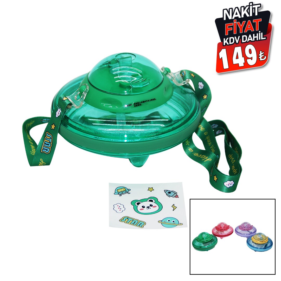 UFO MODELİ RENKLİ MİKA KRİSTAL SULUK MATARA PİPETLİ - TAŞIMA ASKILI 550ML ( HERHANGİ BİR RENK  GÖNDERİLİR )  (5271)