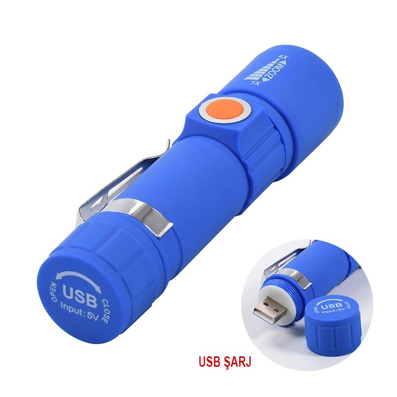 USB ŞARJLI 3 MODLU PLASTİK KASA MİNİ EL FENERİ (5271)