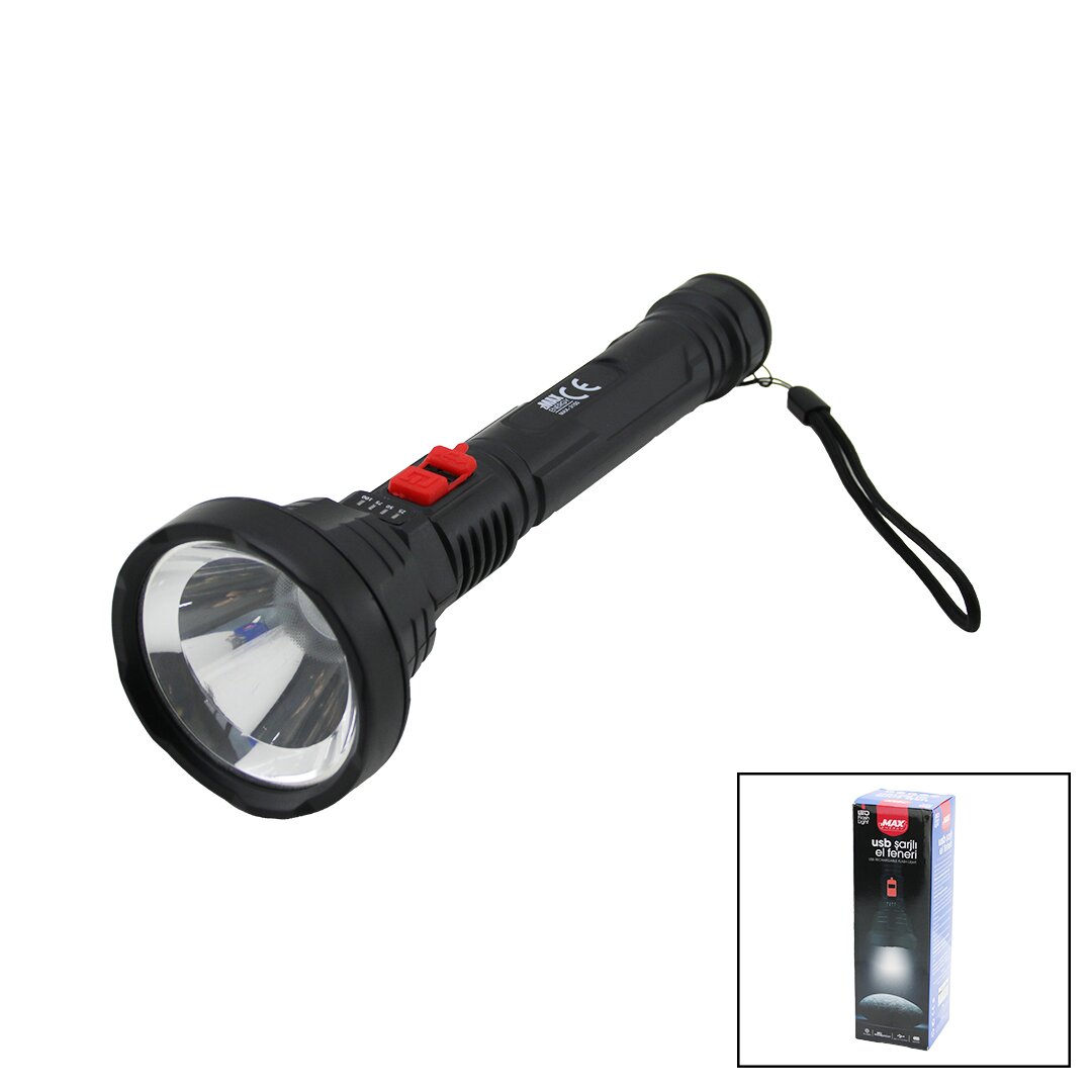 USB ŞARJLI=5V 1W LED EL FENERİ 3-KADEME IŞIK - FLAŞÖR ŞARJ GÖSTERGE 70LÜMEN 25.7CM (5271)