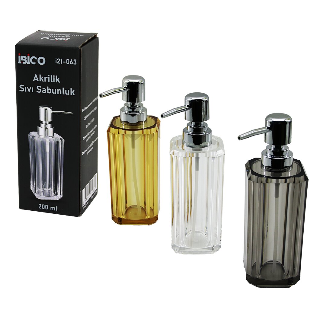 UZUN KARE TABAN -SEKİZGEN GÖVDE ŞEFFAF - RENKLİ AKRİLİK - MİKA KRİSTAL SIVI SABUNLUK 200ML (5271)