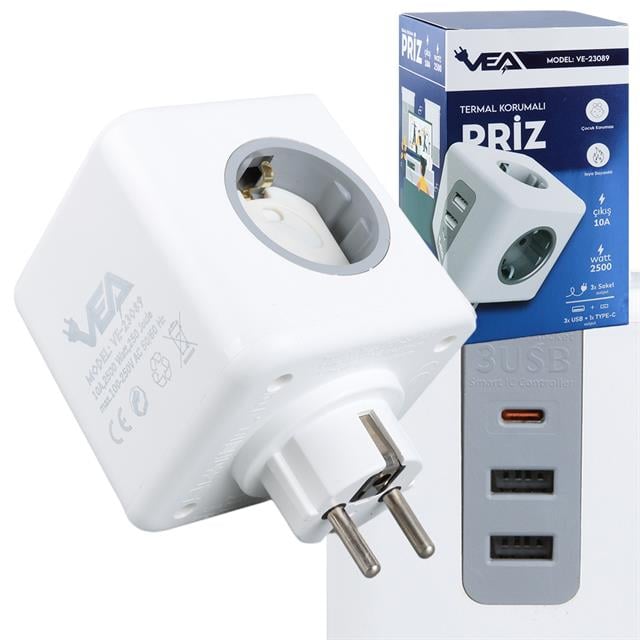VEA VE-23089 2x USB 1x Type-C 3'lü Çocuk Ve Termal Korumalı Grup Priz (5271) VEA VE-23089 2x USB 1x Type-C 3'lü Çocuk Ve Termal Korumalı Grup Priz (5271)