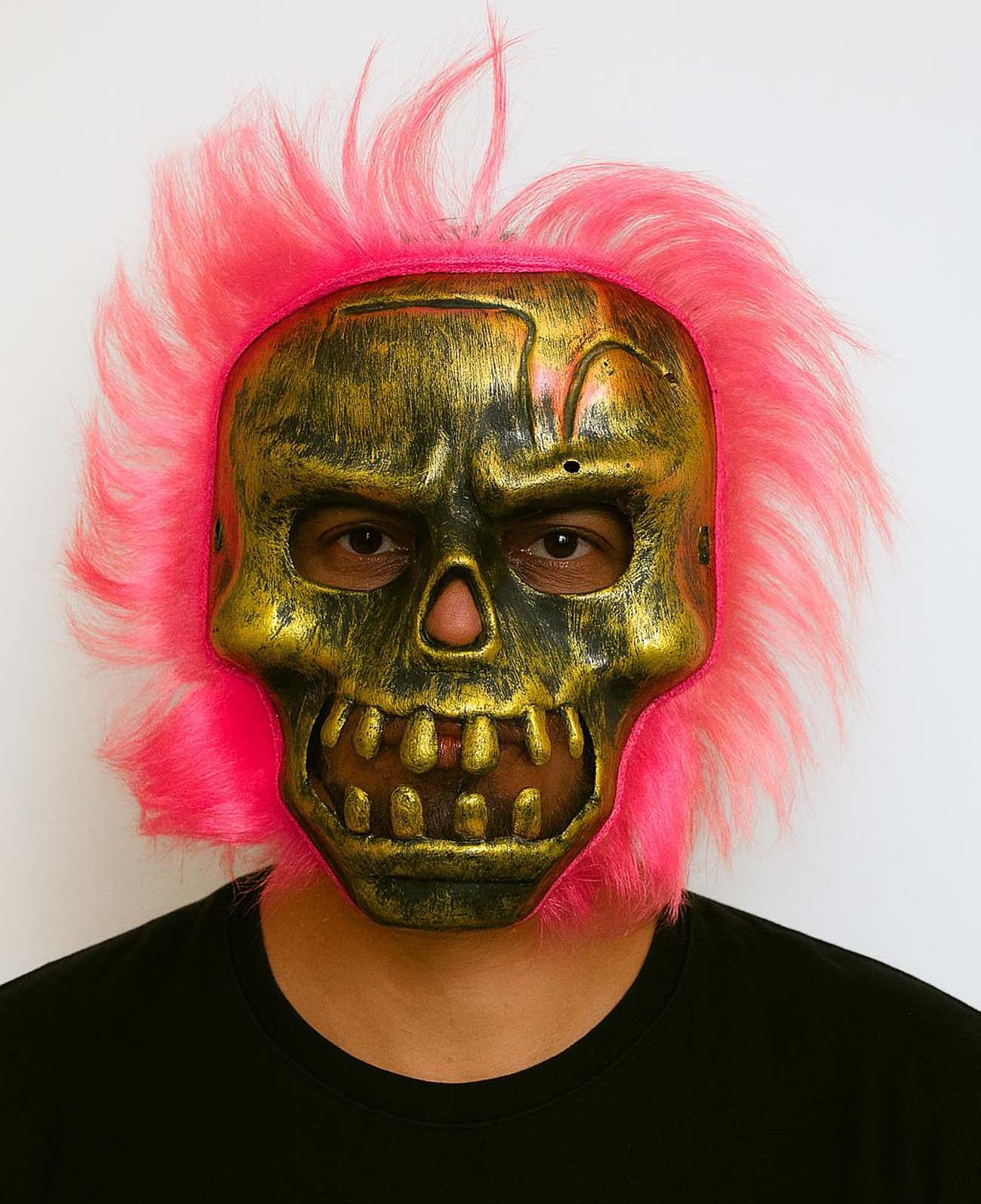 Wild Skull - Bakır Kafatası Pembe Saçlı İskelet Maske (5271)