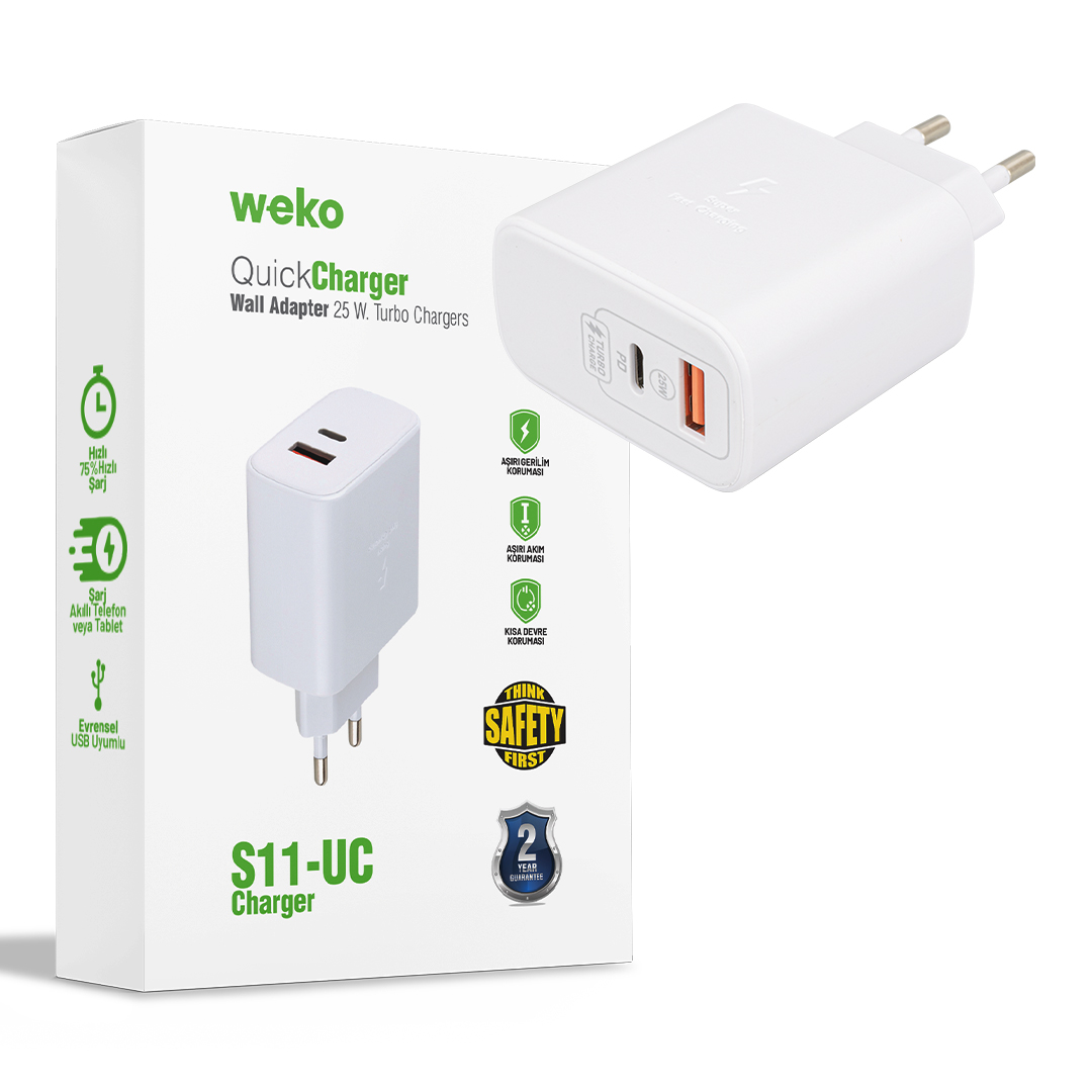WK-21446 S11-UC 25 WATT 3.0 AMPER TYPE-C + USB ŞARJ BAŞLIK ADAPTÖRÜ (5271)