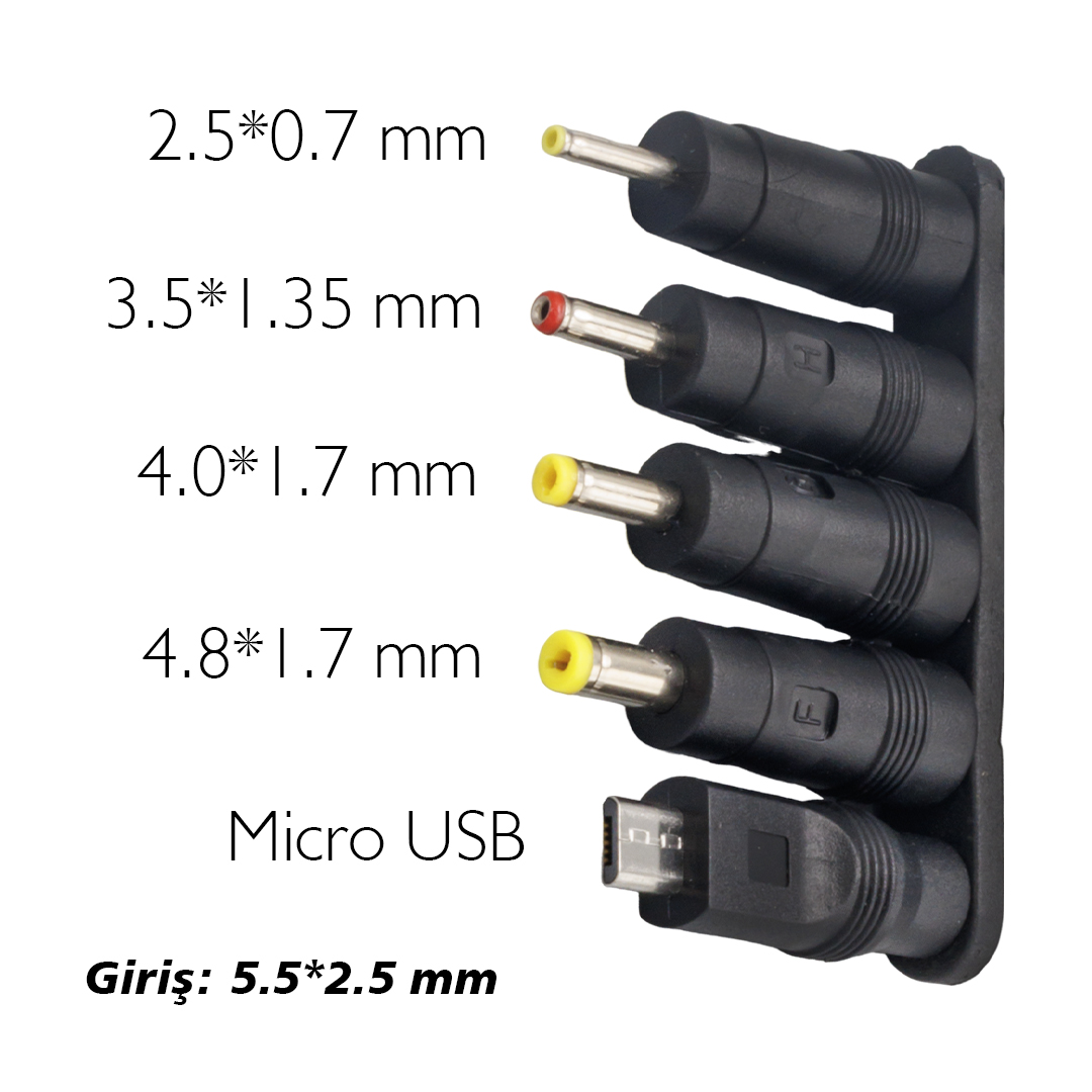 YERLİ ÜRETİM ÇOKLU YEDEK ADAPTÖR UÇ ÇEVİRİCİ (2.5x0.7MM- 4.8x1.7MM- 3.0X1.1MM-4.0X1.7MM- MICRO USB) (5271)