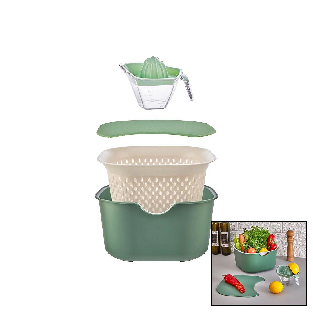 YEŞİL 5PCS MUTFAK SETİ PLS.KARIŞTIRMA KAP=4LT - SÜZGEÇ=3.5LT - KESİM PANO - SIKACAK=0.25LT (5271)