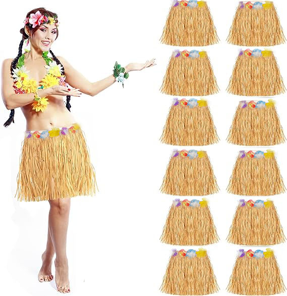 Yetişkin ve Çocuk Uyumlu Saman Renk Hawaii Luau Hula Etek 40 cm 12 Adet (5271)