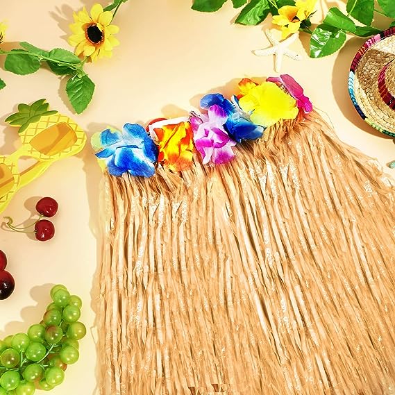 Yetişkin ve Çocuk Uyumlu Saman Renk Hawaii Luau Hula Etek 40 cm 12 Adet (5271)