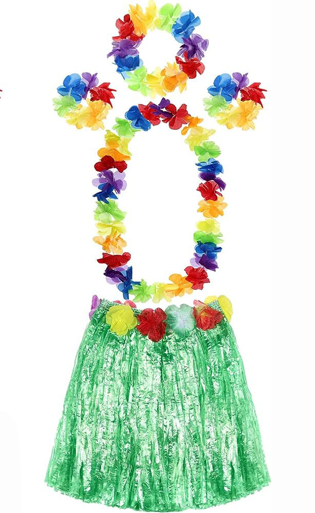 Yetişkin ve Çocuk Uyumlu Luau Aloha Hawaii Yeşil Etek ve Renkli Kolye Taç 2 Adet Bileklik Seti (5271)