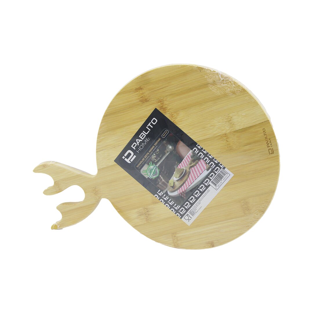YUVARLAK AHŞAP BAMBU KESİM PANOSU - KESME TAHTASI GEYİK BOYNUZ FİGÜR SAPLI = 26CM (5271)
