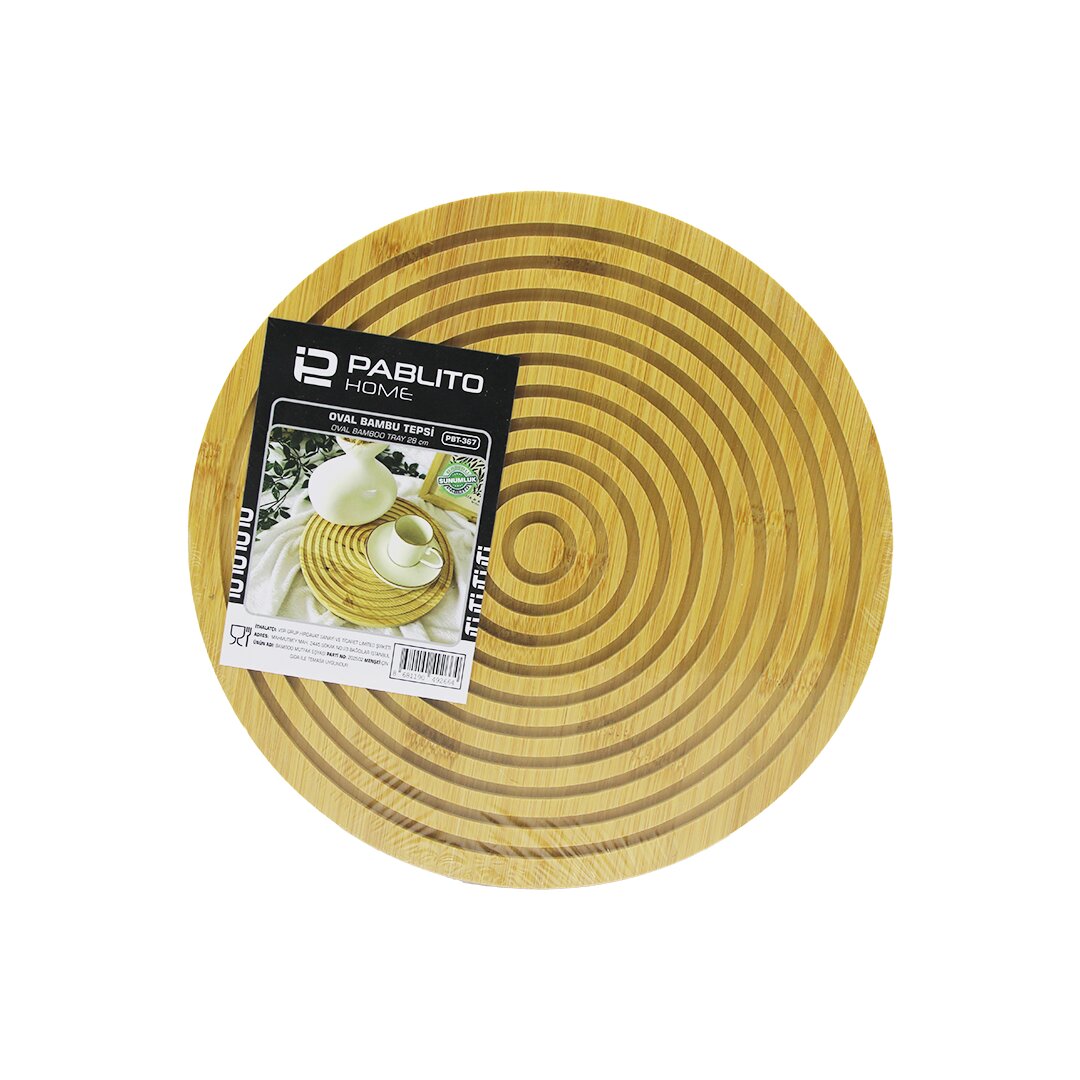 YUVARLAK ÇİFT TARAFLI=DÜZ - DALGALI OYUK KANALLI AHŞAP BAMBU SUNUM TEPSİ 28CM (5271)