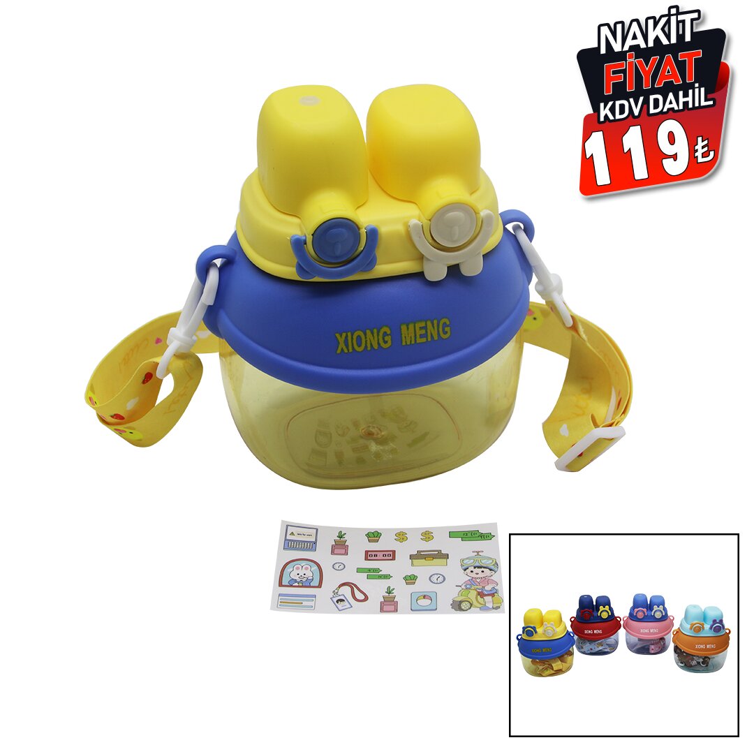 YÜZ MODELİ  - 2 KİLİTLİ KAPAK  RENKLİ MİKA KRİSTAL SULUK MATARA PİPETLİ - NAYLON ÇANTALI - ASKILI 1280ML (5271)