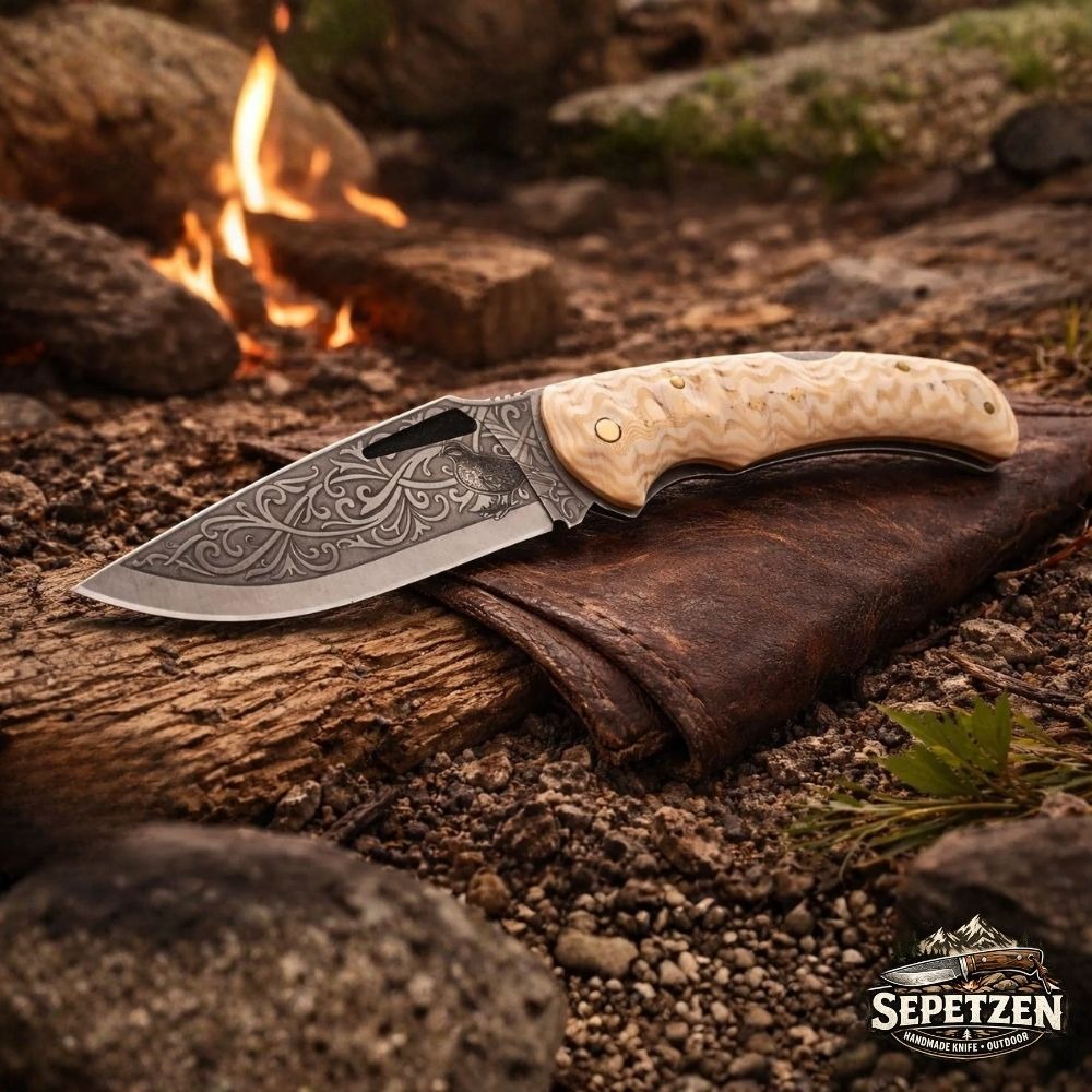 Avcılık, Kamp ve Günlük Kullanım İçin Ahşap Saplı, İşlemeli Katlanır Bıçak
