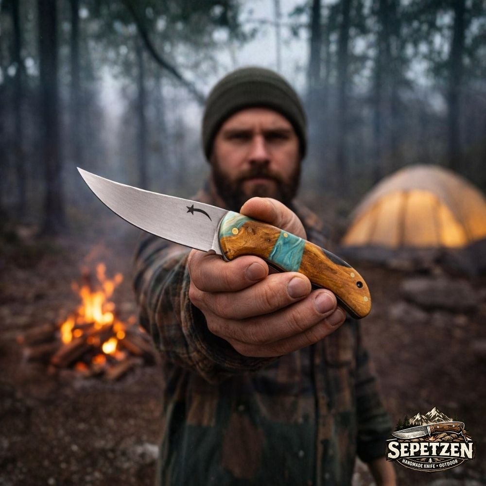 Oymalı Çelik Bıçaklı, Reçine Detaylı Sert Ağaç Saplı El Yapımı Katlanır Cep Bıçağı